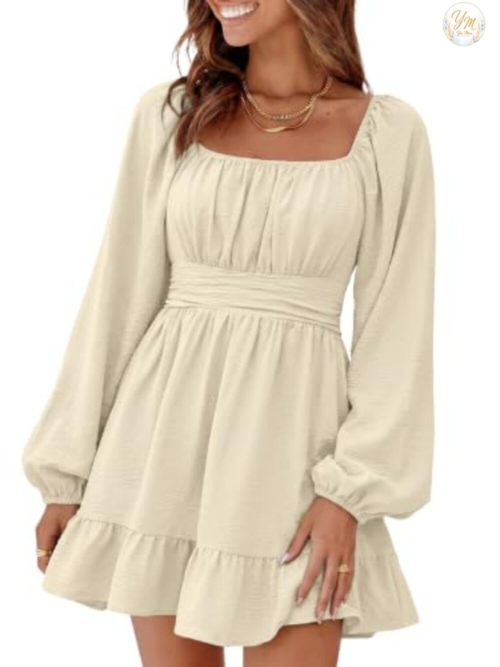 Womens Lantern Sleeve Square Neck Tie Back Mini A-Line Dress